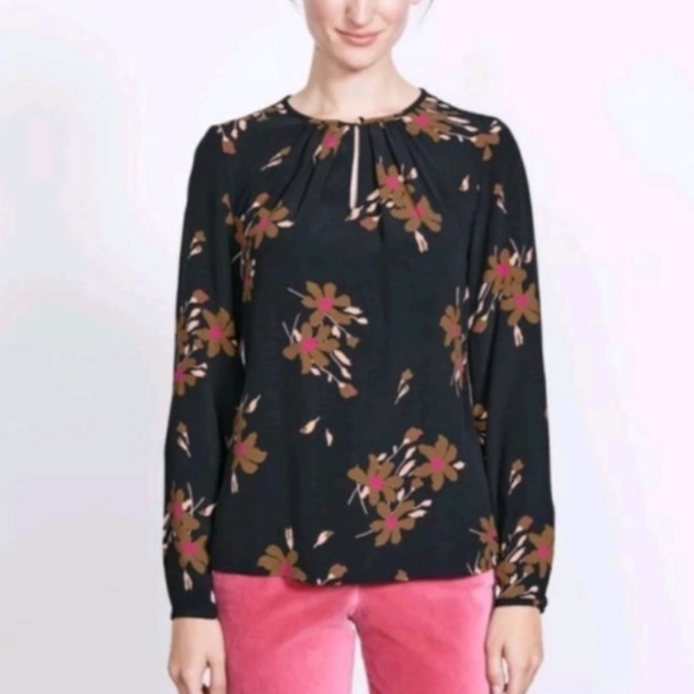 Boden Mara black floral keyhole long sleeve top size 4